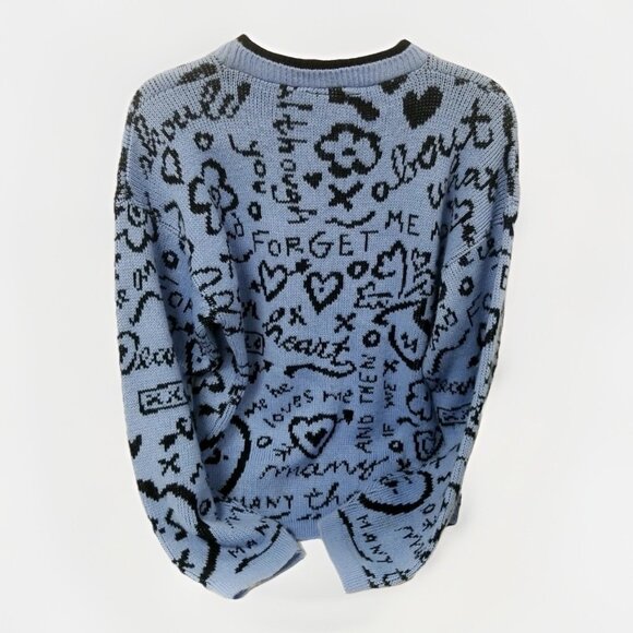 Gitano Knit Love Vtg Blue Black Doodle Print Sweater Sz S Casual Fall Graffiti - Picture 3 of 6